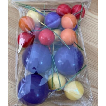 Bolas para topo de bolo amarelo, laranja, vermelho e roxo
