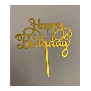 Topo bolo Happy Birthday redondo 8,5cm dourado