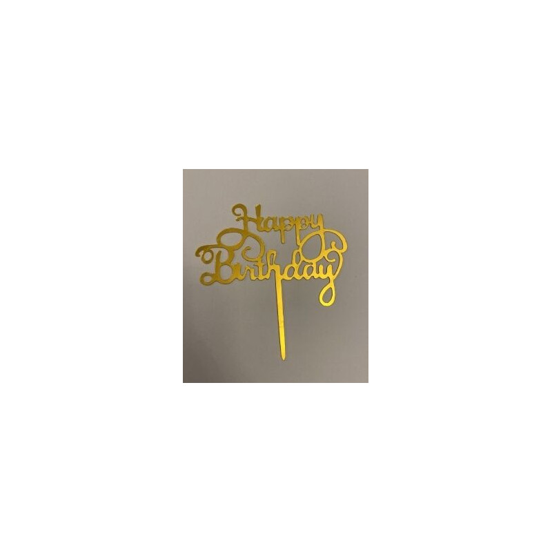 Topo bolo Happy Birthday redondo 8,5cm dourado