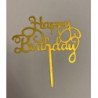 Topo bolo Happy Birthday redondo 8,5cm dourado