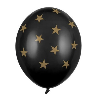 6 balões latex pretos estrelas douradas 30cm