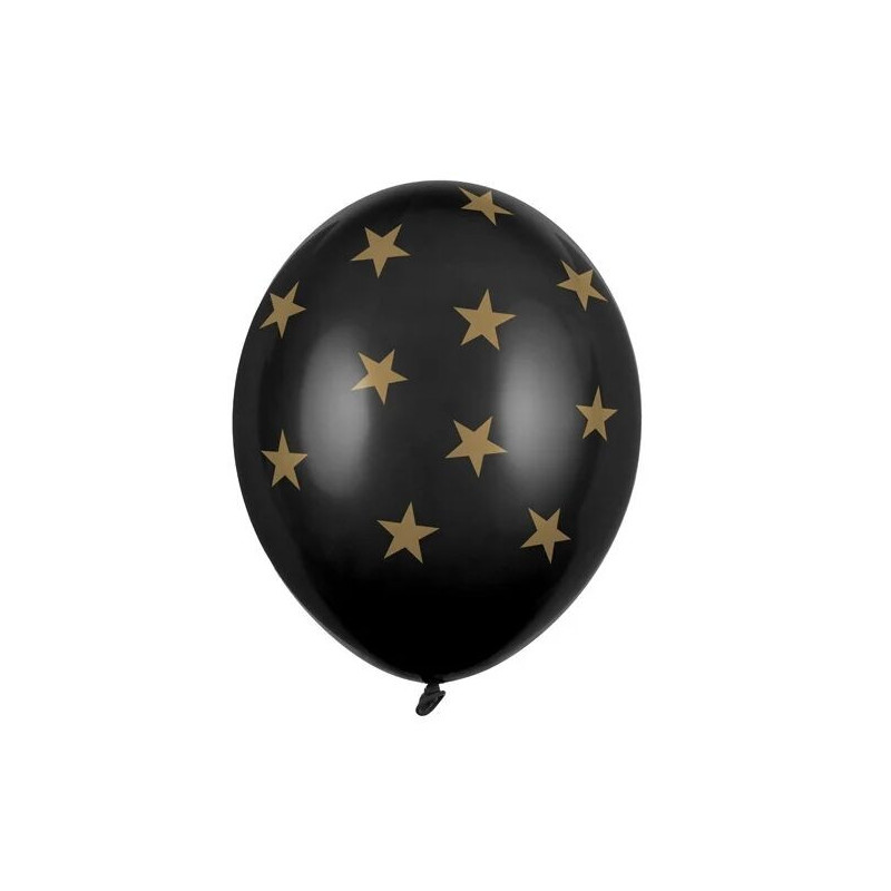 6 balões latex pretos estrelas douradas 30cm