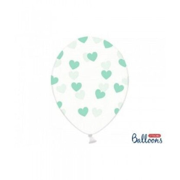 6 Balões Latex Transparentes com Corações Menta