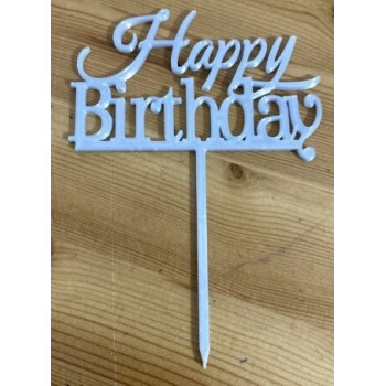 Topo de Bolo Happy Birthday 10cm Branco Nacarado
