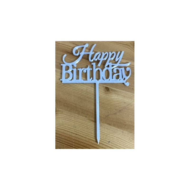 Topo de Bolo Happy Birthday 10cm Branco Nacarado