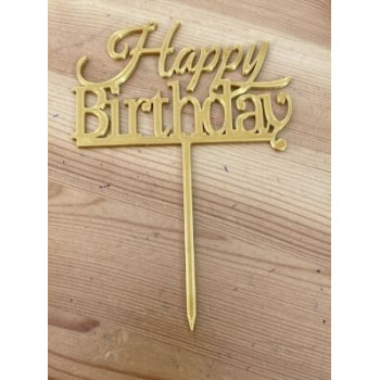 Topo de Bolo Happy Birthday 10cm Ouro