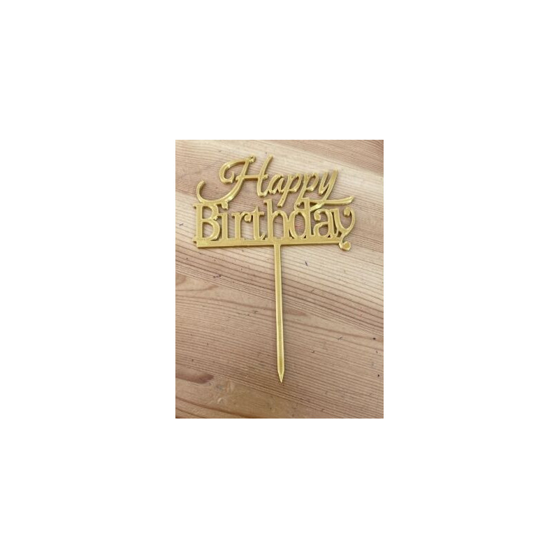 Topo de Bolo Happy Birthday 10cm Ouro