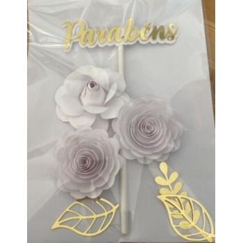 Topo de bolo flores branco e dourado