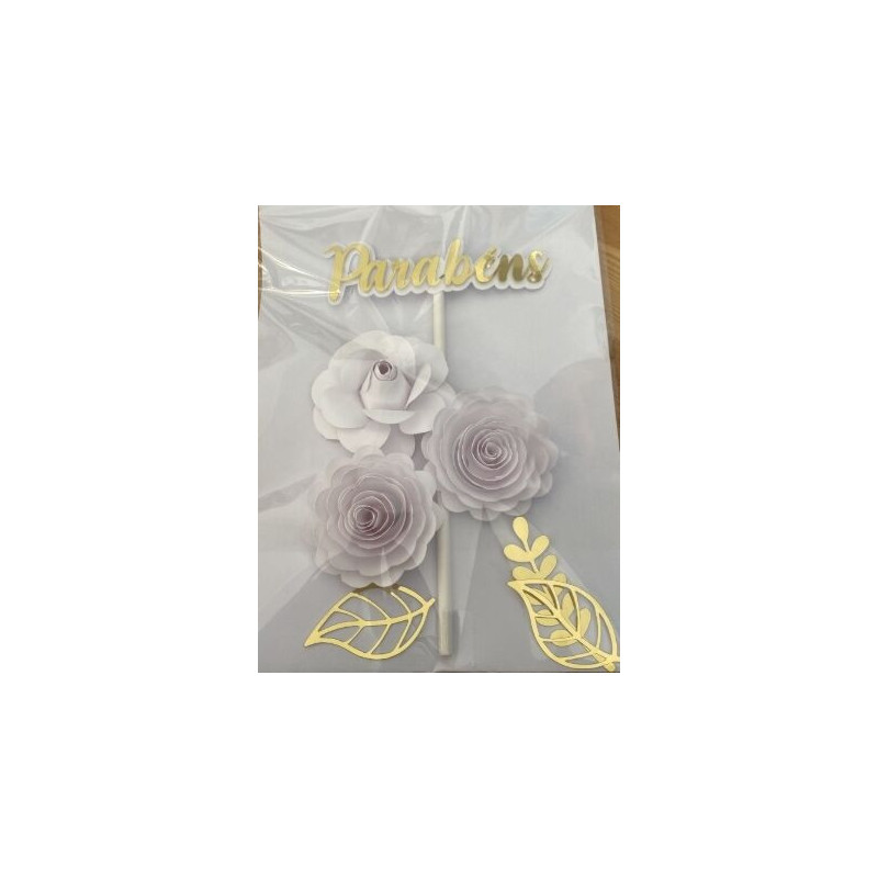 Topo de bolo flores branco e dourado