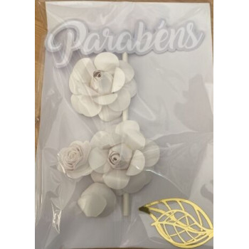 Topo de bolo flores branco e dourado