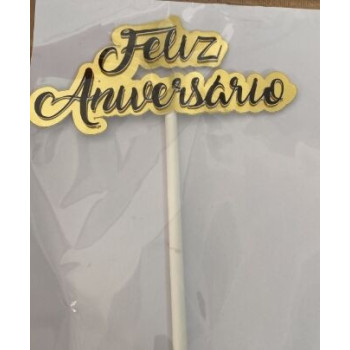 Topo de Bolo Feliz Aniversário ouro e preto