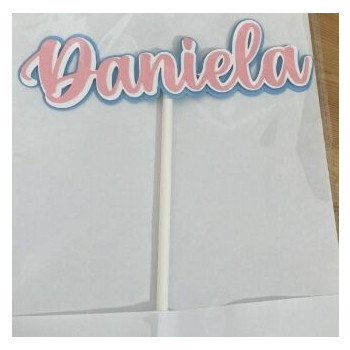 Topo de bolo Daniela azul, branco e rosa