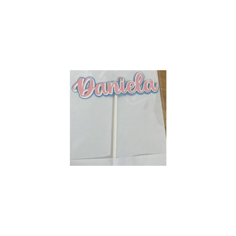 Topo de bolo Daniela azul, branco e rosa