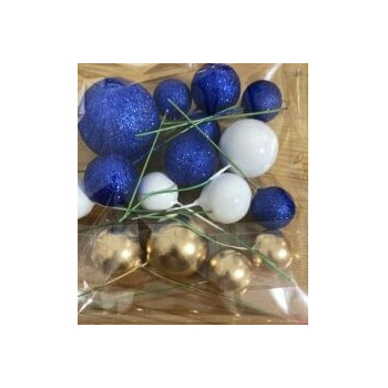 Topo de bolo bolas dourado, branco e azul