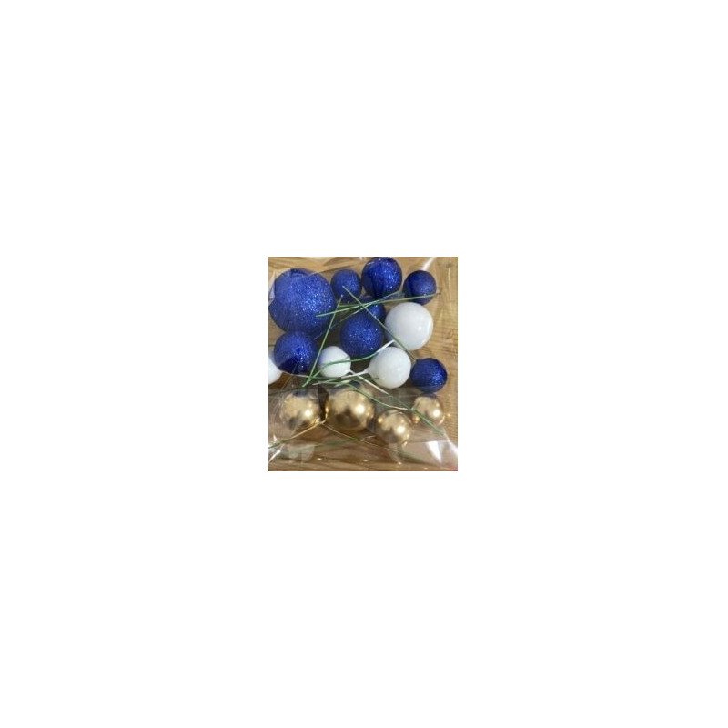 Topo de bolo bolas dourado, branco e azul