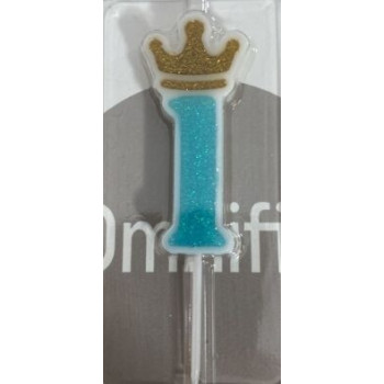 Vela 6cm azul com coroa ouro nº1
