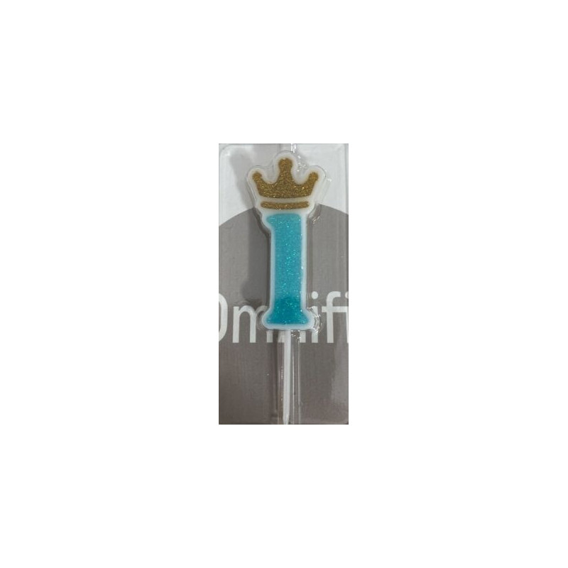 Vela 6cm azul com coroa ouro nº1