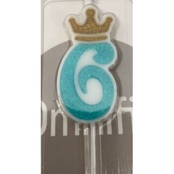 Vela 6cm azul com coroa ouro Nº 6