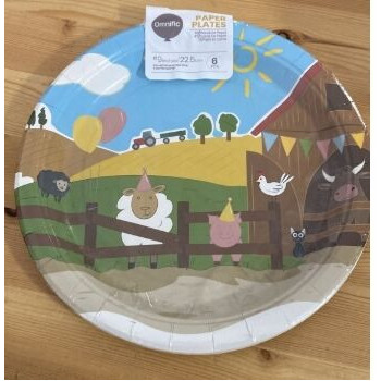 6 pratos de papel 23cm Animais da Quinta