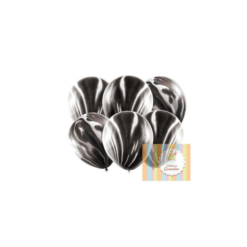 6 Balões 30cm Marmoreados Preto