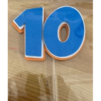 Topo de bolo 10 azul, branco e laranja 4,5cm