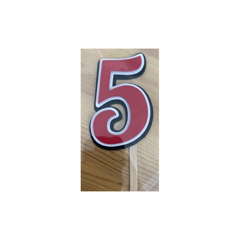 Topo de bolo 5 vermelho, branco e preto 7,5cm