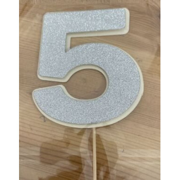 Topo de bolo 5 prata e branco 8,5 cm