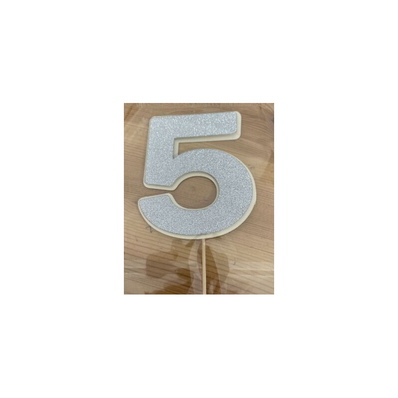 Topo de bolo 5 prata e branco 8,5 cm