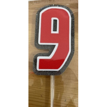 Topo de bolo 9 vermelho, branco e prata 7,5cm