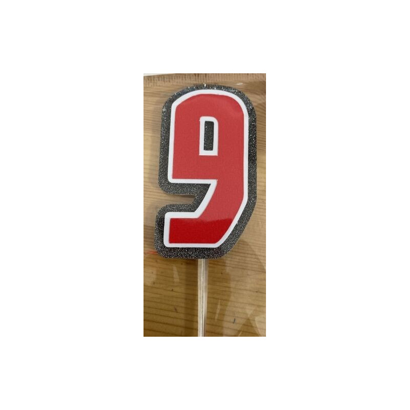 Topo de bolo 9 vermelho, branco e prata 7,5cm