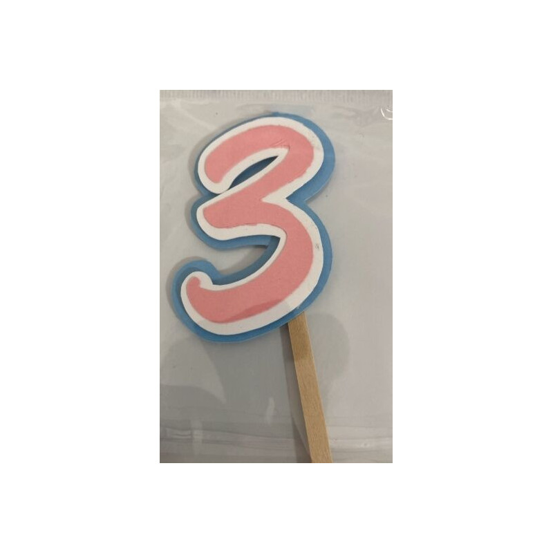 Topo de bolo 3 rosa, branco e azul