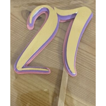 Topo de bolo 27 Ouro, lilás e rosa 6cm