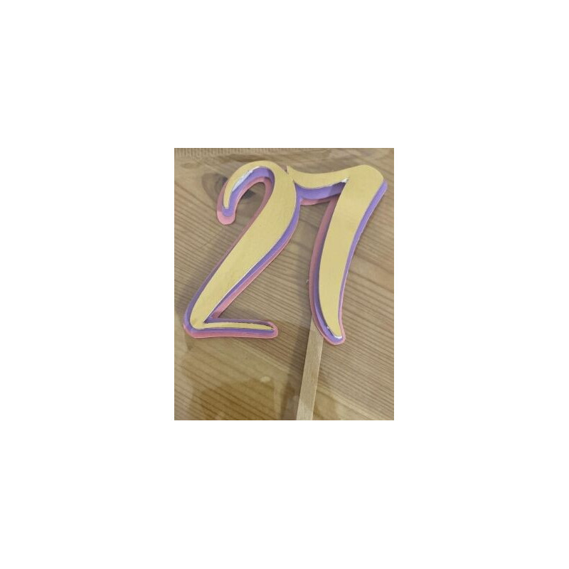 Topo de bolo 27 Ouro, lilás e rosa 6cm