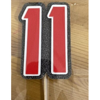 Topo de bolo 11 vermelho, branco e prata 7,5cm