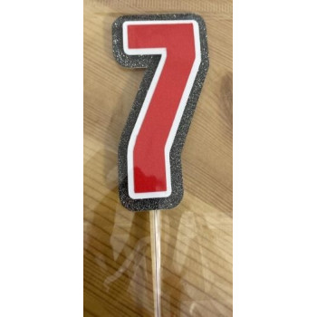 Topo de bolo 7 vermelho, branco e prata 7,5cm