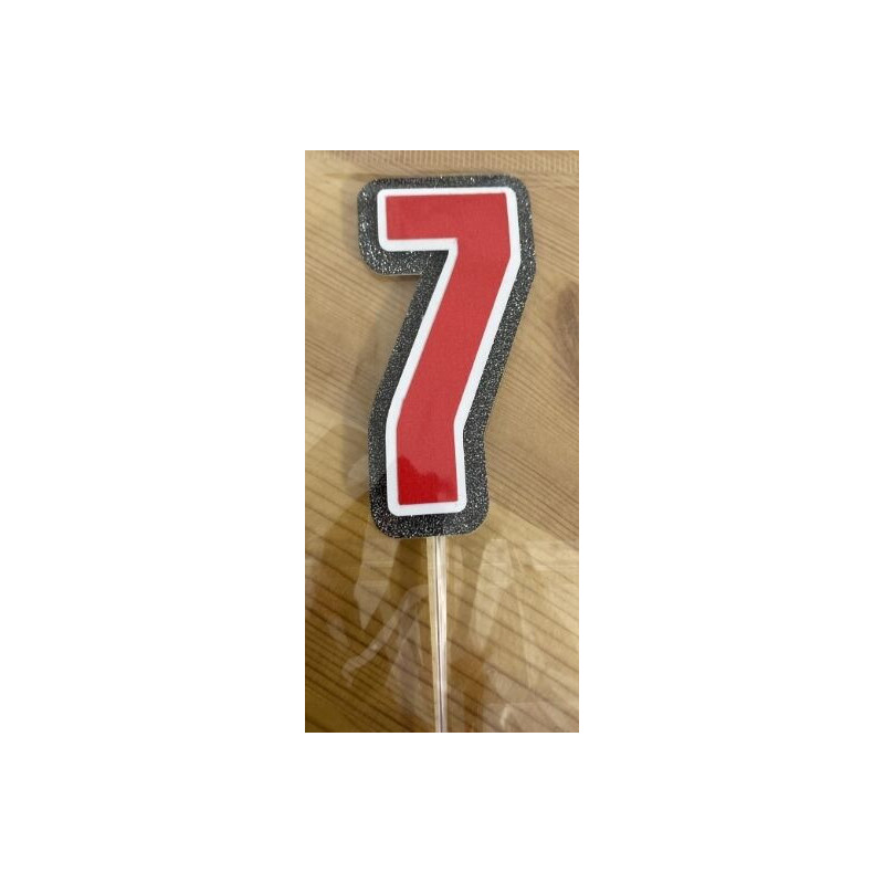 Topo de bolo 7 vermelho, branco e prata 7,5cm