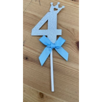 Topo de bolo Nº 4 com coroa prata