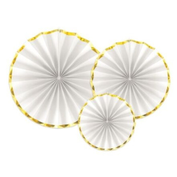 3 leques decorativos branco e dourado