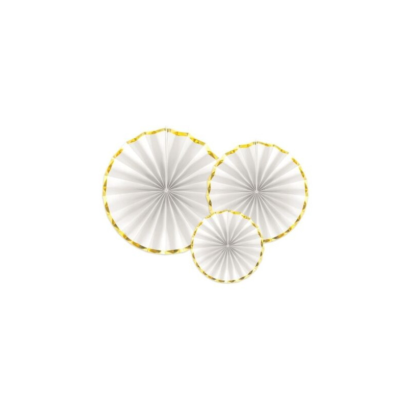 3 leques decorativos branco e dourado