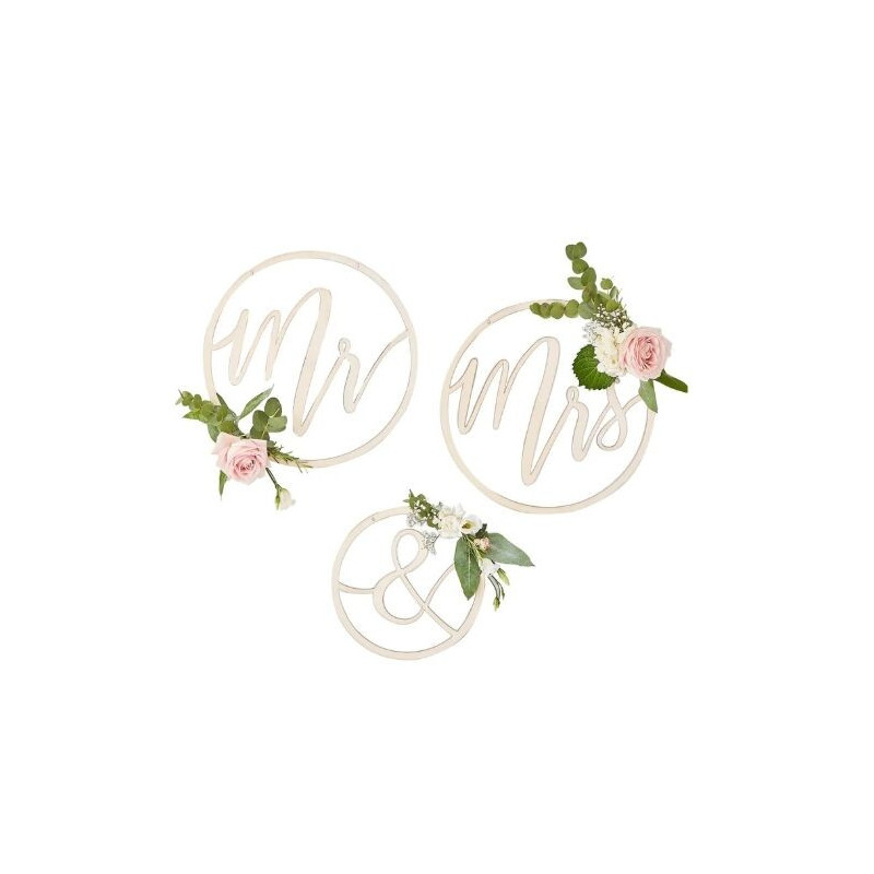 Decorações redondas Mr & Mrs Madeira ouro