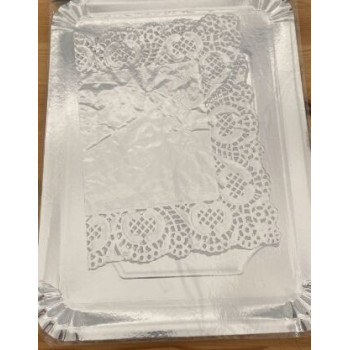 Prato retangular com naperon prata 25x34cm