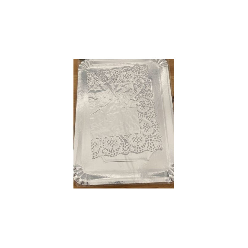 Prato retangular com naperon prata 25x34cm