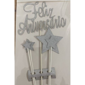 Topo de bolo Feliz Aniversário prata 21 cm - 5 pças