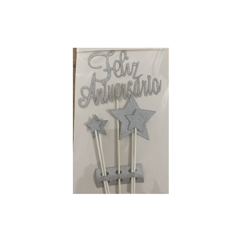 Topo de bolo Feliz Aniversário prata 21 cm - 5 pças
