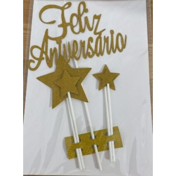 Topo de bolo Feliz Aniversário dourado 21 cm - 5 pças