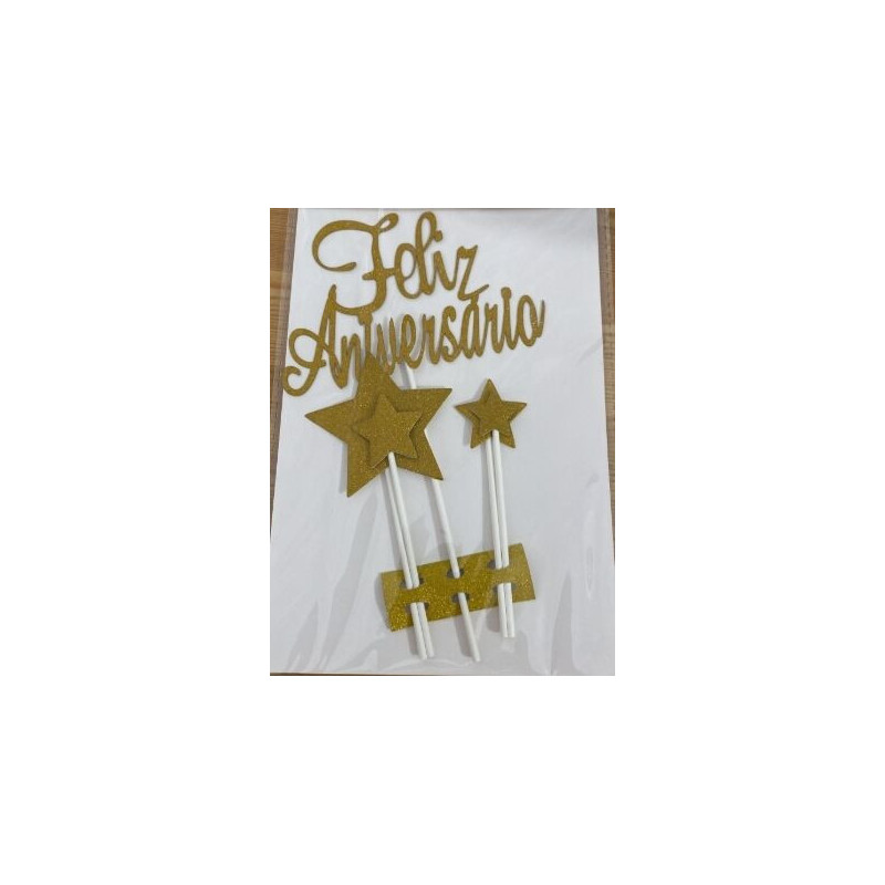 Topo de bolo Feliz Aniversário dourado 21 cm - 5 pças