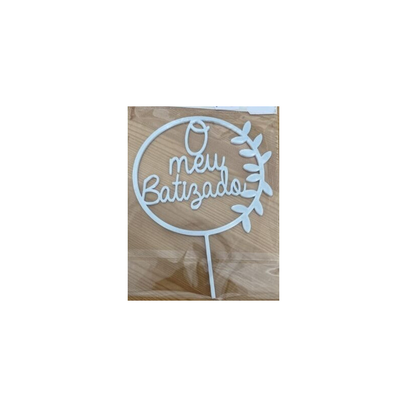 Topo de bolo O Meu Batizado redondo branco nacarado