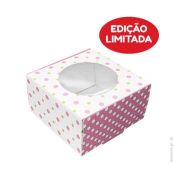caixa com bolinhas rosa e verde 7,5x7,5x4