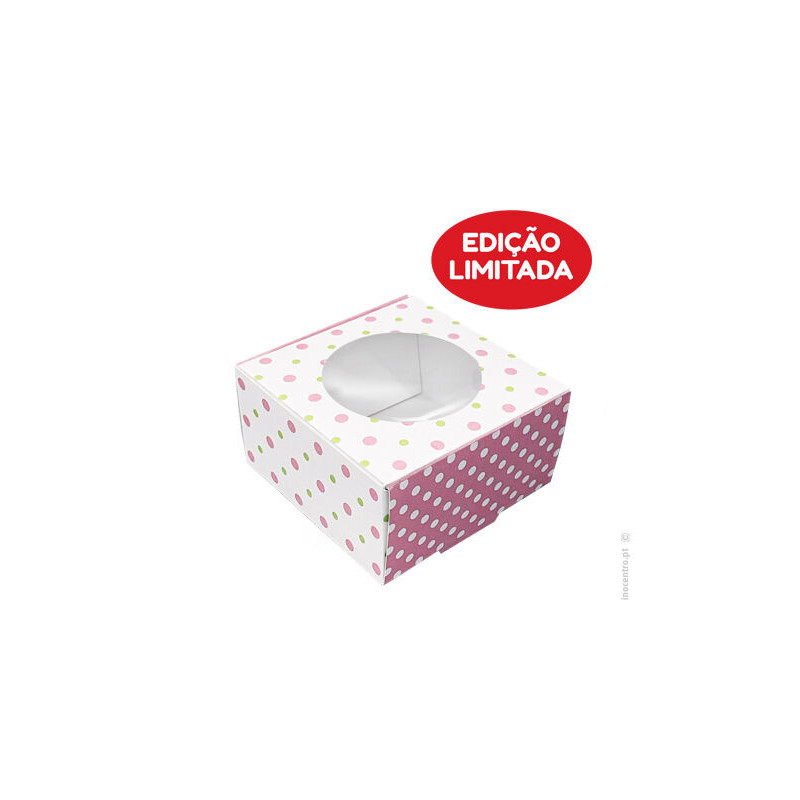 caixa com bolinhas rosa e verde 7,5x7,5x4