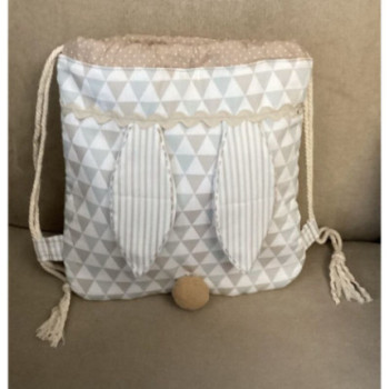 Mochila Coelho tecido menta e creme